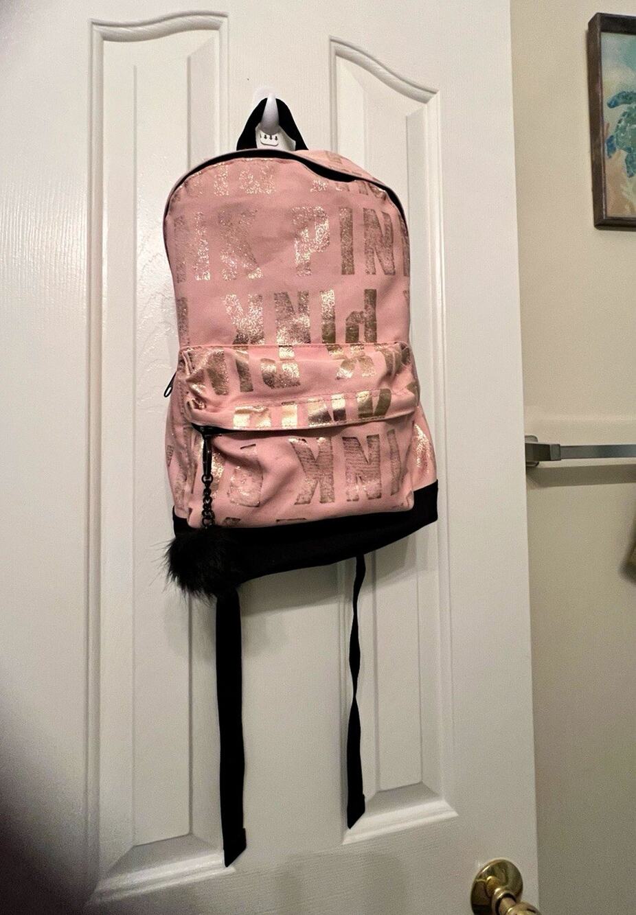 Victoria’s Secret PINK Backpack Rose Gold Metallic Logo Faux Fur Black 2018